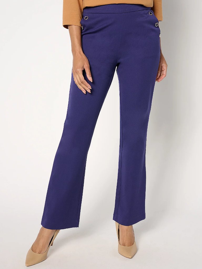 Isaac Mizrahi Regular 24/7 Stretch Bootcut Pants W/ Buttons, Navy Sz 14 A656156